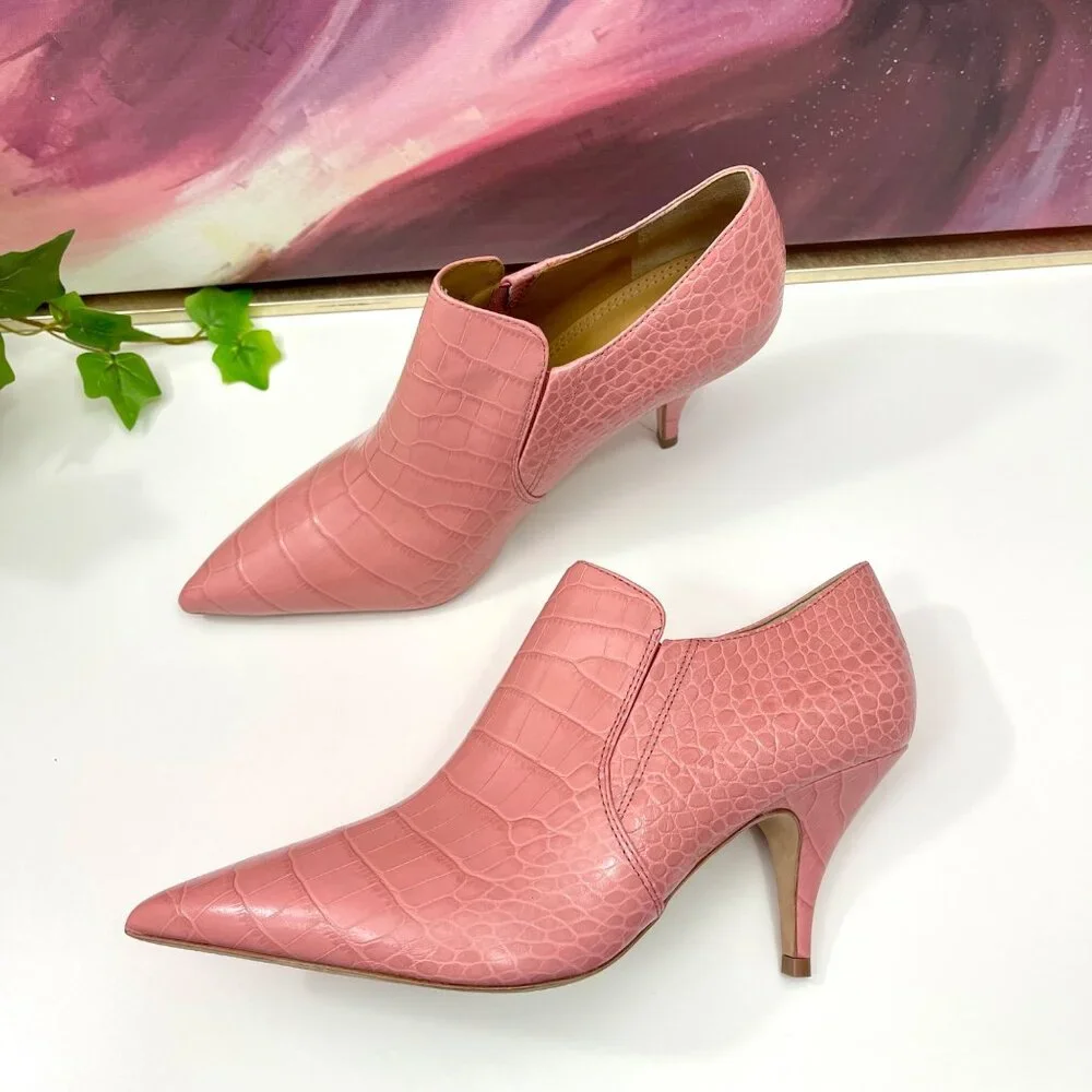 Tory Burch Pink Croc-Embossed Pointed Toe Ankle Booties